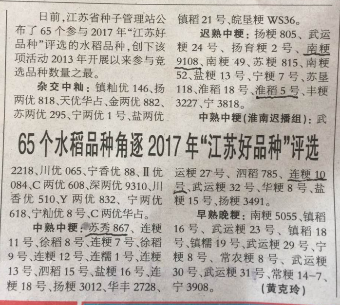 蘇秀867榮穫2017年“江蘇好品種”中熟中粳組第一名